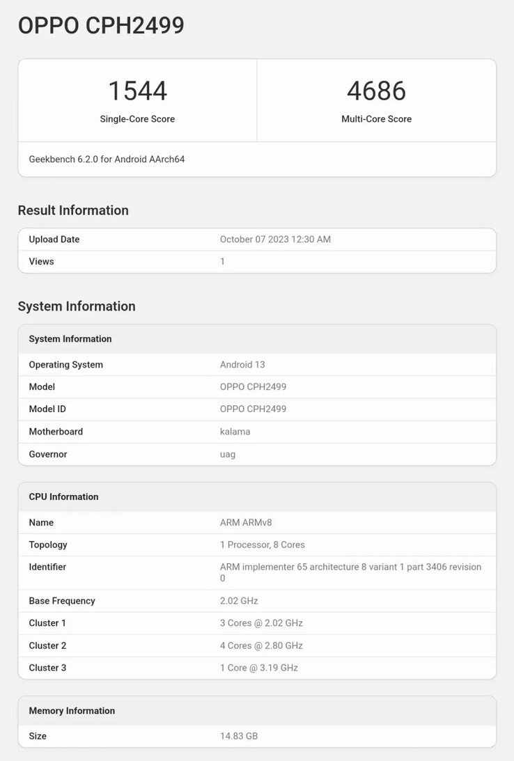 Il primo viaggio del OnePlus Open su Geekbench(?). (Fonte: Geekbench via SparrowsNews)