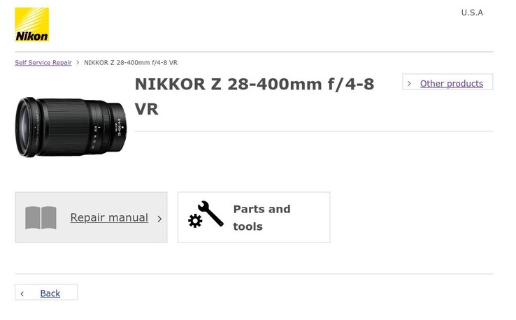 Nella sezione di Nikon dedicata alle riparazioni self-service mancano ancora i pezzi di ricambio per i tre prodotti elencati sul sito. (Fonte: Nikon)