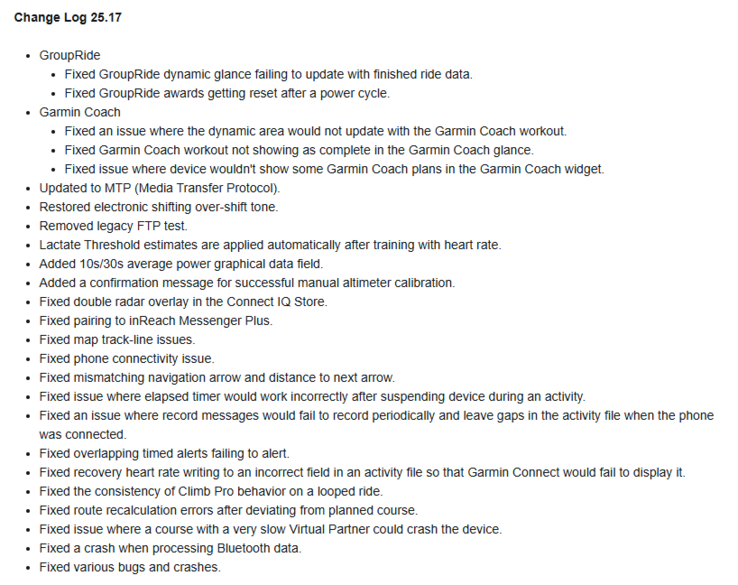 Il registro delle modifiche per l'aggiornamento beta 25.17 per i dispositivi Garmin X40 Edge. (Fonte: Garmin)