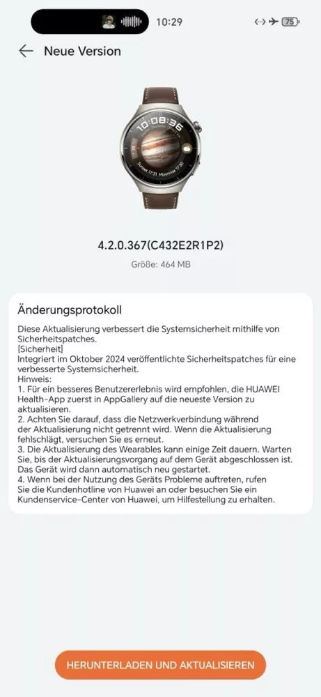 Le note di rilascio della versione software 4.2.0.367 per il Huawei Watch 4 Pro. (Fonte immagine: Huaweiblog.de tramite Google Translate)