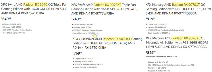 Prezzi provvisori per le schede XFX RX 9070 e RX 9070 XT. (Fonte: VideoCardz)