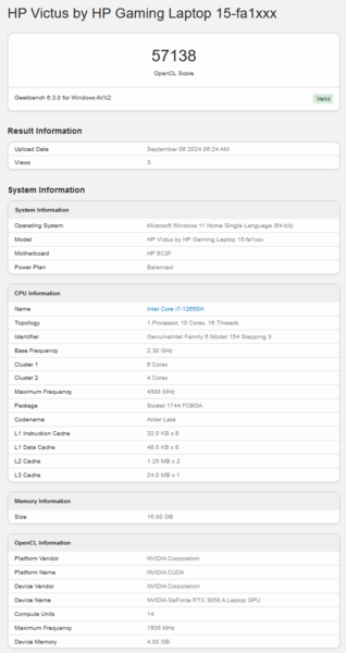 Nvidia GeForce RTX 3050 A Punteggio OpenCL di Geekbench (fonte: Geekbench)