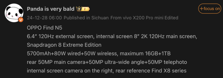 Dettagli trapelati dell'Oppo Find N5. (Fonte immagine: Weibo - traduzione automatica)