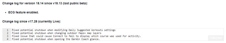 Il registro delle modifiche della versione beta 18.14 di Garmin. (Fonte: Garmin)
