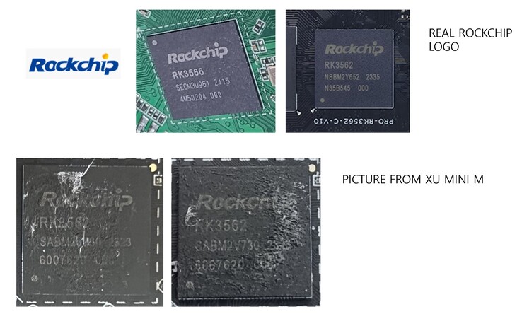 Un confronto fianco a fianco del logo legittimo di Rockchip, accanto a un'immagine del palmare MagicX XU Mini M. (Fonte immagine: RetroHandhelds on X/Twitter)