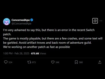 Stardew Valley Switch in crash X post (Fonte immagine: Screenshot, account ConcernedApe X)