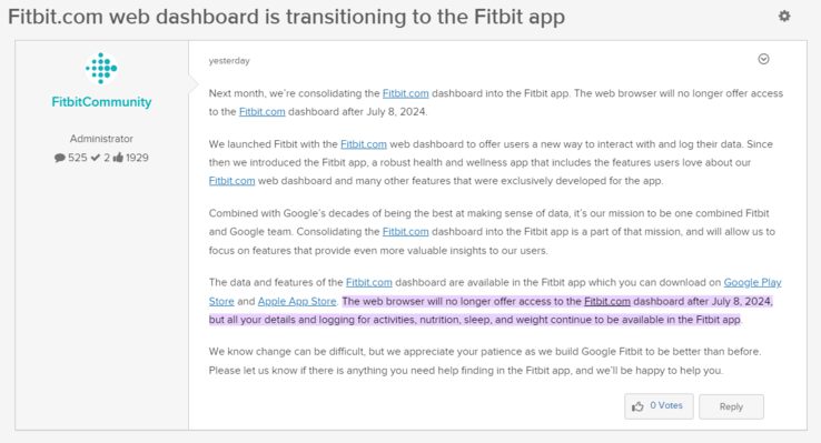 Il post del forum che annuncia il ritiro del cruscotto web di Fitbit.com.