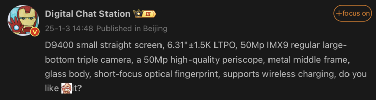 Specifiche trapelate dell'Oppo Find X8 Mini. (Fonte immagine: Weibo - traduzione automatica)