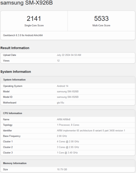 Samsung Galaxy Tab S10 Ultra Geekbench (fonte: Geekbench)