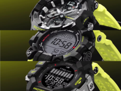 Dall&#039;alto in basso, il Casio G-Shock Gravitymaster GRB300RY-1A9, il Mudman GW9500MRY-1A9 e il Rangeman GPRH1000RY-1A9. (Fonte: Casio)