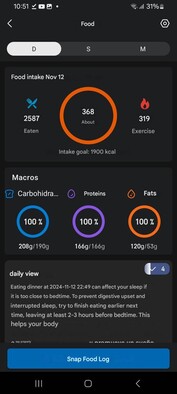 Una schermata che mostra la panoramica del registro alimentare e il suggerimento sull'orario dei pasti nell'applicazione Zepp. (Fonte immagine: Facebook)