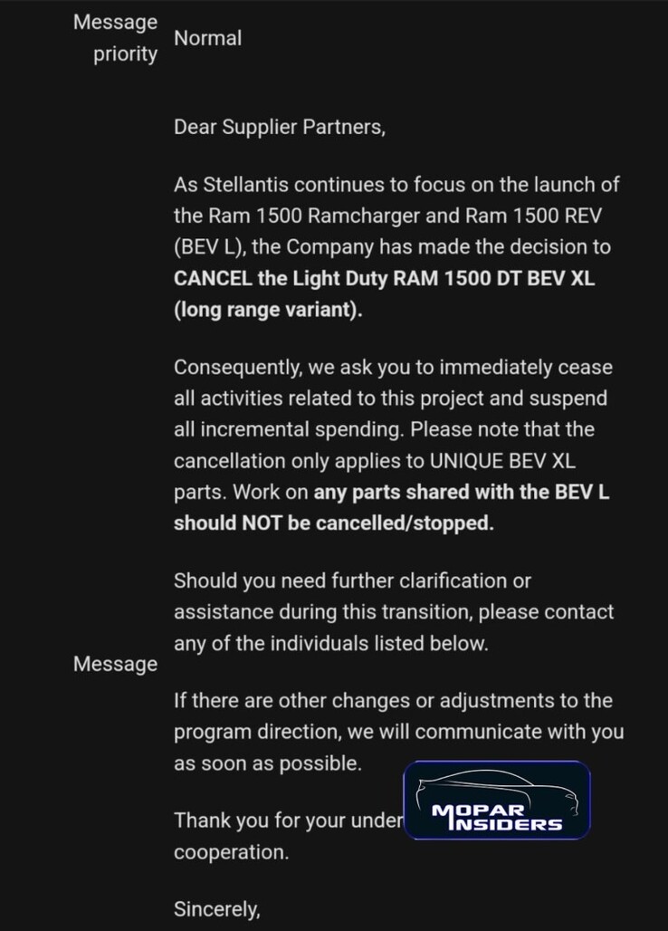 La cancellazione della RAM 1500 REV di lunga gamma è stata comunicata ai fornitori