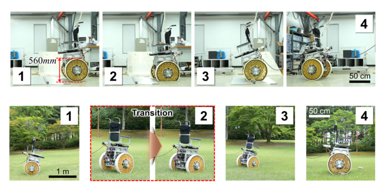 Un sistema di sedia a rotelle a due ruote che supera un ostacolo quadrato e una roccia. (Fonte: KIMM)