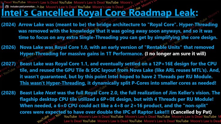 La roadmap delle CPU Intel Royal Core. (Fonte immagine: Moore's Law Is Dead su YouTube)