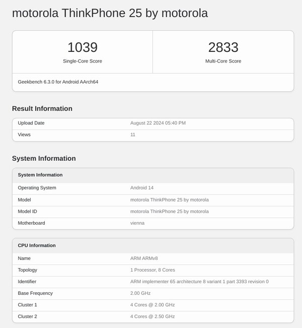 Il nuovo ThinkPhone è mostrato con 8 GB di RAM, ma probabilmente ci saranno altre configurazioni. (Fonte: Geekbench)