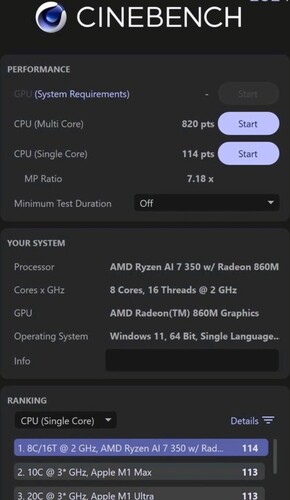 Punteggio AMD Ryzen AI 7 350 Cinebench 2024 (fonte: Weibo)