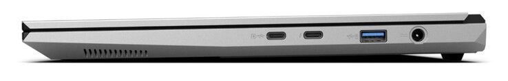 A destra: USB-C 3.2 Gen. 2 (10 Gbit/s, DisplayPort 1.4a, compatibile con G-Sync, no Power Delivery), USB-C 4.0 con Thunderbolt 4 (40 Gbit/s, DisplayPort 2.1, Power Delivery), USB-A 3.2 Gen. 2 (10 Gbit/s, alimentato), alimentazione in