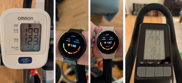 Confronto tra esercizi - A sinistra: Omron. In mezzo a sinistra: Galaxy Watch 4. In mezzo a destra: Galaxy Orologio 5. A destra: Bicicletta (Fonte immagine: David Devey / Notebookcheck)