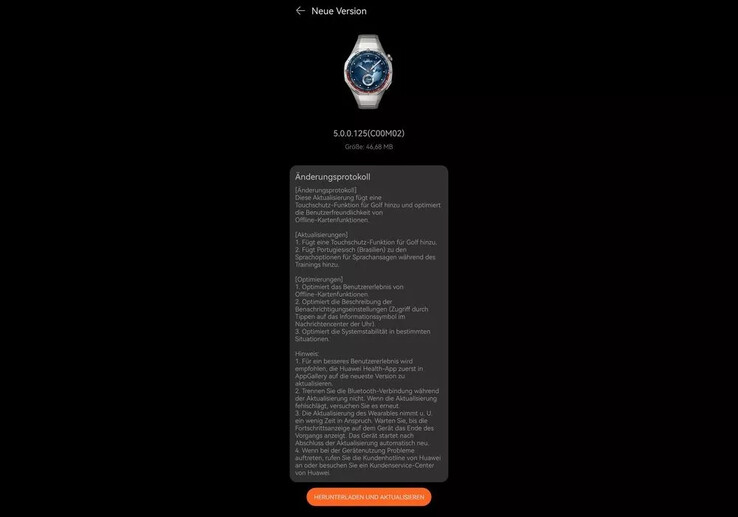 Il registro delle modifiche per la versione firmware 5.0.0.125 per il Huawei Watch GT 5 Pro. (Fonte: Huaweiblog.de)