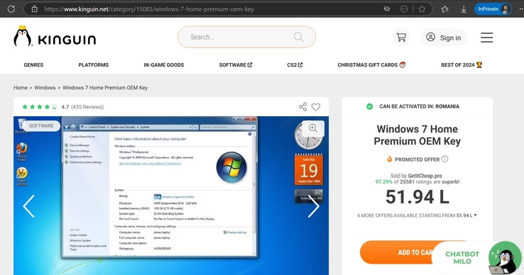 La pagina di Kinguin elenca Win 7 Home Premium per 52 lei rumeni (~$11). Fonte dell'immagine: Screenshot