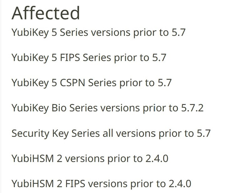 I dispositivi elencati sono vulnerabili all'exploit di sicurezza e gli utenti dovrebbero considerare di sostituirli. (Fonte immagine: Yubico)