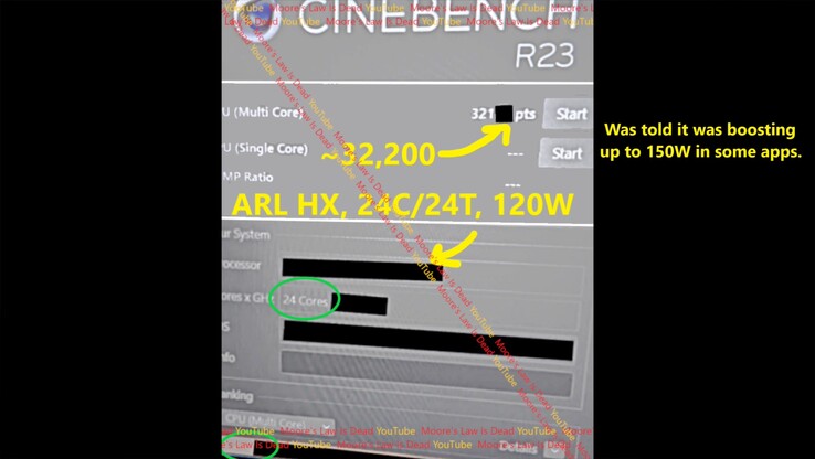 Prestazioni di Arrow Lake HX Cinebench R23. (Fonte immagine: Moore's Law Is Dead su YouTube)