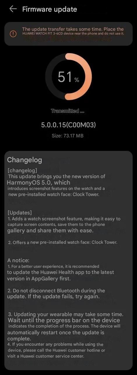 Le note di rilascio della versione 5.0.0.15 per il Watch Fit 3. (Fonte immagine: Huaweiblog.de tramite Google Translate)