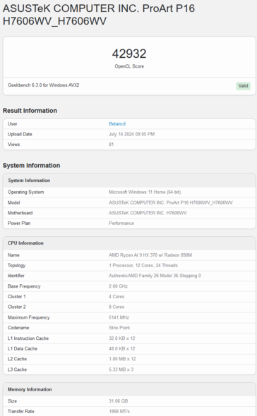 Punteggio OpenCL di AMD Radeon 890M Geekbench (immagine via Geekbench)