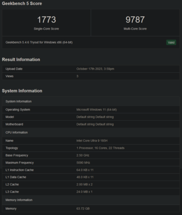 Elenco Geekbench del Core Ultra 9 185H (immagine via Geekbench)