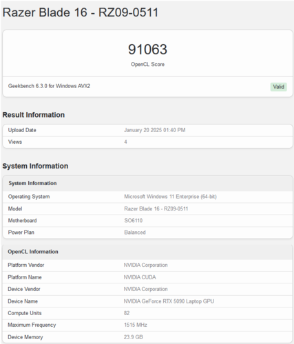 Risultato Geekbench della scheda grafica RTX 5090 del laptop GeForce (fonte: Geekbench)