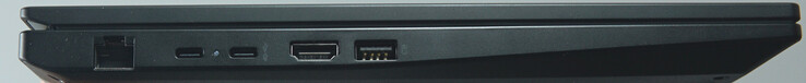 Connessioni a sinistra: Porta LAN (1 Gbit/s), USB-C (10 Gbit/s, PD, DP), USB-C (40 Gbit/s, PD, DP), HDMI, USB-A (10 Gbit/s)