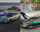 Lo Xiaomi SU7 è andato molto peggio nella collisione con la Tesla Model Y. (Fonte immagine: Xiaomi/@Tslachan - modificato)