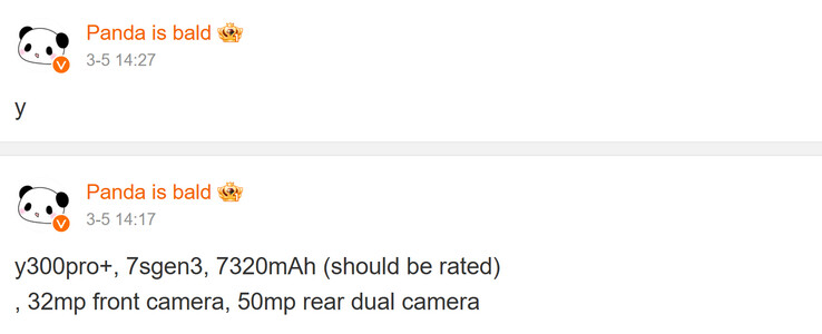Le specifiche principali di Vivo Y300, condivise da Panda, sono calve (Fonte immagine: Weibo - traduzione automatica)