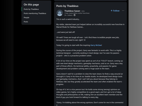 Il post di NetEase Games Thaddeus Sasser su LinkedIn (Fonte immagine: Screenshot, LinkedIn)