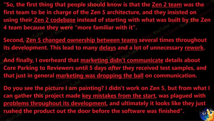 Secondo quanto riferito, Zen 5 si trovava nell'inferno dello sviluppo. (Fonte immagine: Moore's Law Is Dead su YouTube)