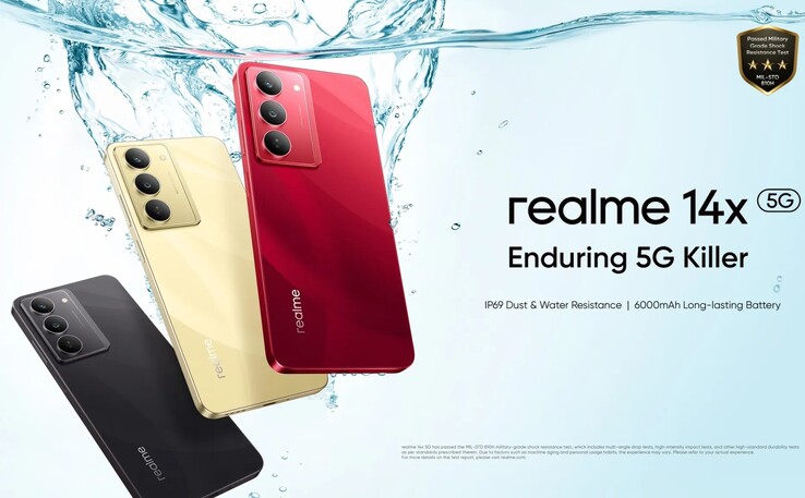 Realme 14x è disponibile nei colori Crystal Black, Golden Glow e Jewel Red (fonte: Realme)