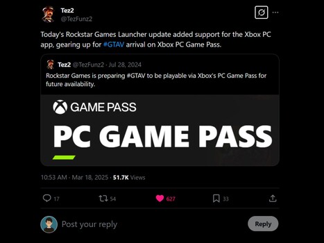 Tez2 GTA 5 PC Game Pass rumor X post (Fonte immagine: screenshot, account Tez2 X)