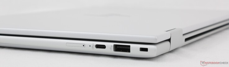 A destra: Slot Nano-SIM (opzionale), USB-C con Power Delivery + DisplayPort 1.4 (10 Gbps), USB-A 3.2 Gen. 1 (5 Gbps), slot Nano lock