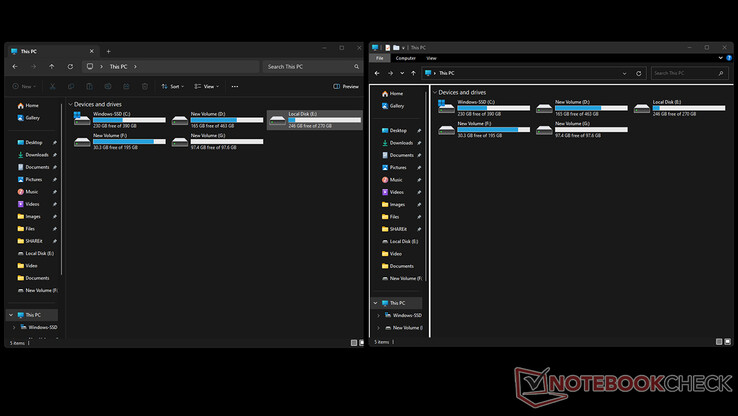 Vecchio e nuovo Esplora file, entrambi tenuti aperti contemporaneamente su Windows 11 (fonte: Notebookcheck)