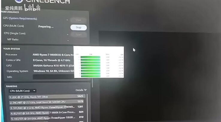 Ryzen 7 9800X3D testato con Cinebench 2024. (Fonte immagine: bilibili)