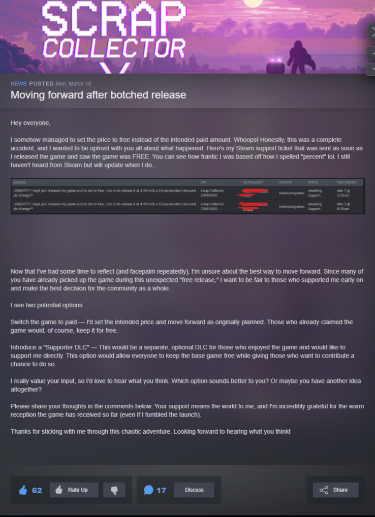La dichiarazione dello sviluppatore, pubblicata il 10 marzo. (Fonte: comunità di Steam)