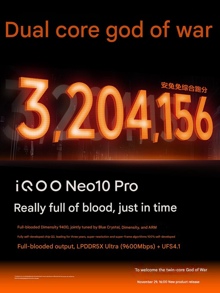 iQoo Neo 10 Pro ha ottenuto un punteggio AnTuTu da record (Fonte immagine: iQoo - tradotto automaticamente)