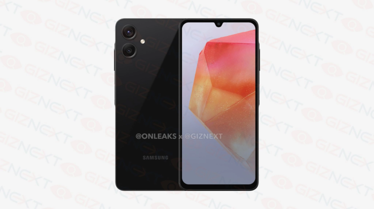 I rendering di Galaxy A06 mostrano anche il notch a goccia e la fotocamera a doppio obiettivo. (Fonte: @OnLeaks x GizNext)