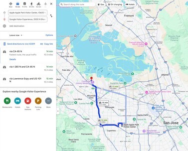 I 16 km tra Apple e Google possono essere percorsi in auto in poco tempo.