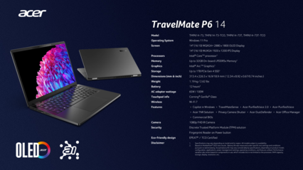 Acer TravelMate P6 14: Specifiche. (Fonte immagine: Acer)