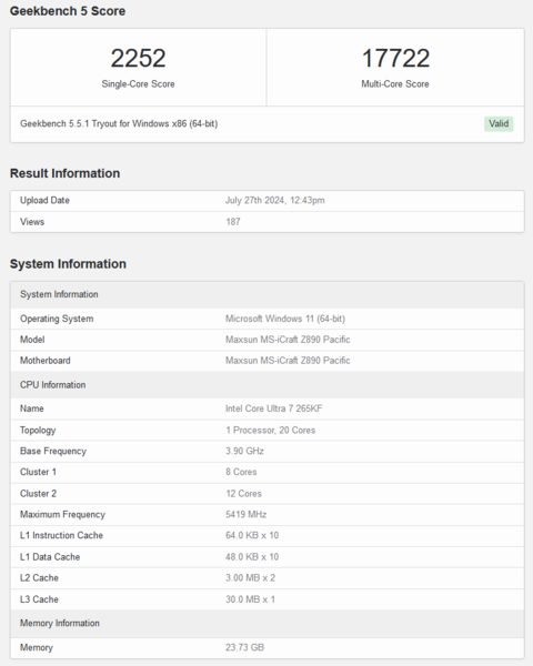 Punteggio Intel Core Ultra 7 265KF Geekbench 5.5 (fonte: Geekbench)