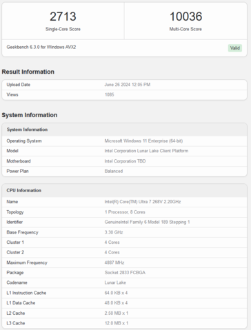 Punteggio Geekbench di Intel Core Ultra 7 268V (immagine via Geekbench)