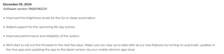 Le note di rilascio della versione software di Philips Hue Bridge 1968096020. (Fonte: Philips Hue)