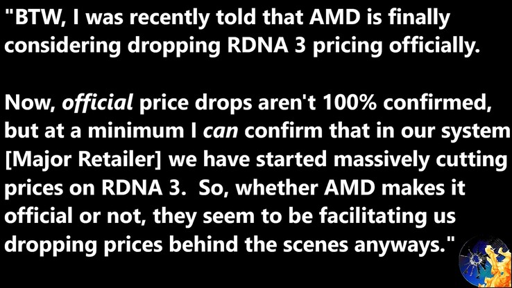 Fuga di notizie sul taglio di prezzo di AMD RDNA 3. (Fonte immagine: Moore's Law Is Dead su YouTube)