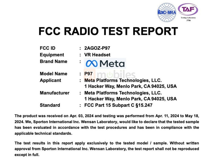 Elenco FCC dell'auricolare VR (Fonte immagine: 91mobiles)